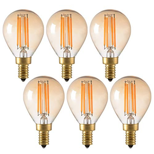 4W Vintage Edison LED Filament Light Bulb, Dimmable, 2200K Ultra Warm White, E12 Candelabra Base, G45/G14 Amber Glass Globe Cover, Antique Gold Tint, 40W Incandescent Replacement, Pack of 6 4W Vintage Edison LED Filament Light Bulb, Dimmable, 2200K Ultra Warm White, E12 Candelabra Base, G45/G14 Amber Glass Globe Cover, Antique Gold Tint, 40W Incandescent Replacement, Pack of 6