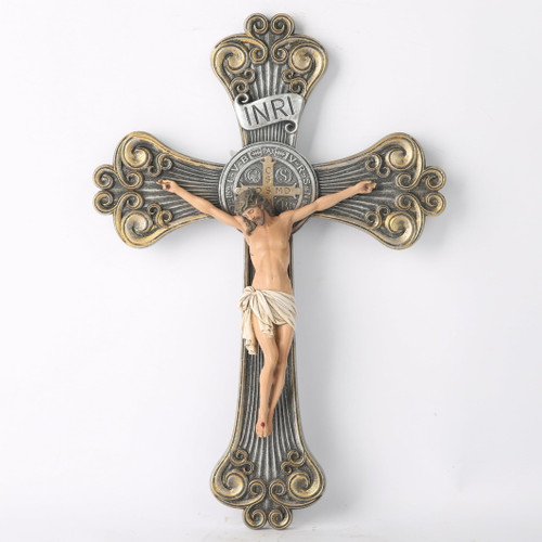 BC CATHOLIC Wall St. Benedict Cross, Crucifix Wall Cross, Catholic Gifts, Hand-painted in Metal Cross with Realistic Jesus, 12"H BUILDCLASSIC BC CATHOLIC Wall St. Benedict Cross, Crucifix Wall Cross, Catholic Gifts, Hand-painted in Metal Cross with Realistic Jesus, 12"H BUILDCLASSIC