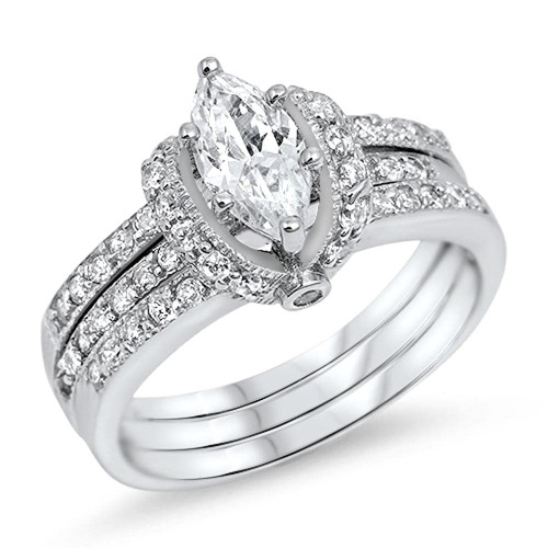 Marquise White CZ Bridal Engagement Ring Set 925 Sterling Silver Band Size 13