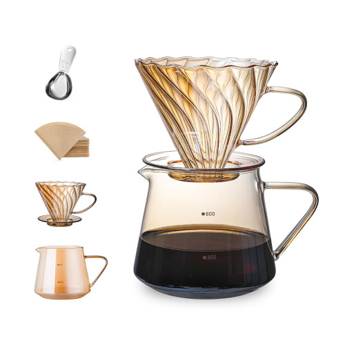 Can's Pour Over Coffee Maker Set With 50 Filters, Glass Coffee Dripper Brewer & Glass Coffee Pot + Stainless Steel Coffee Spoon, V60 Pour Over Coffee (Large 34oz- 700ml, Amber)