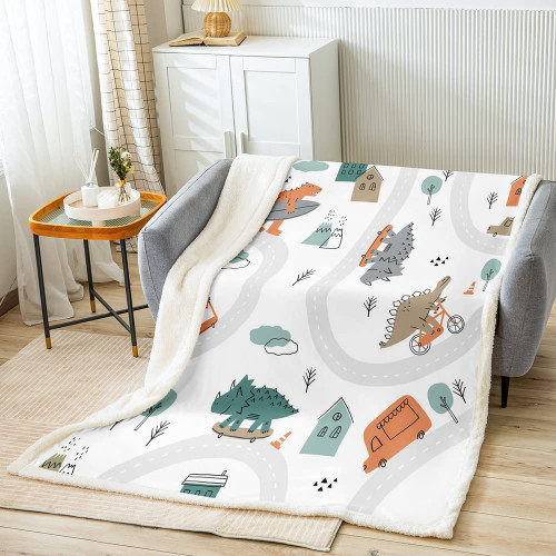 Boys Dinosaur Fleece Blanket Kids Cartoon Dinosaur Throw Blanket Girls Geometric Hand Painted Camping Dino Fuzzy Blanket Jungle Animal Cartoon Car Sherpa Plush Blanket Bedroom Bed Sofa Decor,Throw