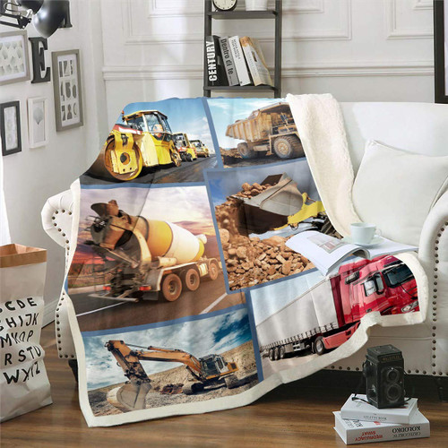 Excavators Plush Blanket Construction Vehicles Sherpa Blanket Heavy Machinery Cars Fleece Throw Blanket For Kids Adults Construction Site Fuzzy Blanket Bed Couch Ultra Soft Room Decor Throw 50x60 Inch