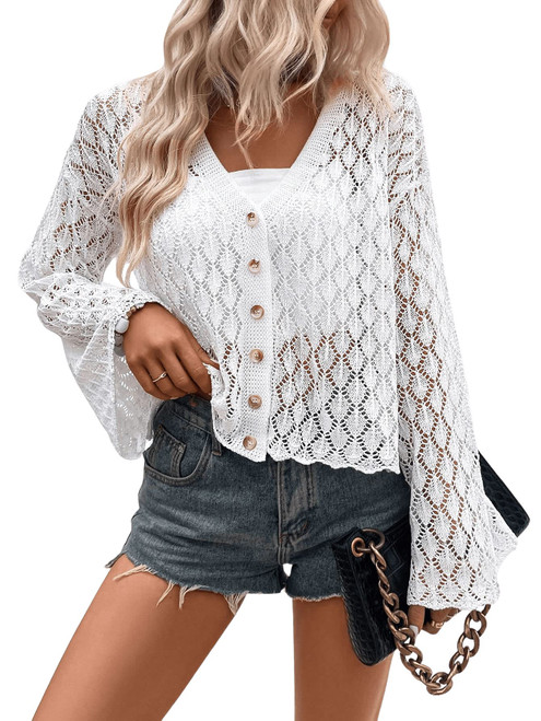 SOLY HUX Women's Long Sleeve Button Front V Neck Knit Cardigan Top Plain White L