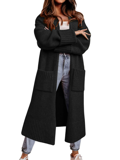 Danedvi Long Cardigan Sweaters for Women 2023 Fall Open Front Knit Oversized Cardigans Duster Coat with Pockets Black