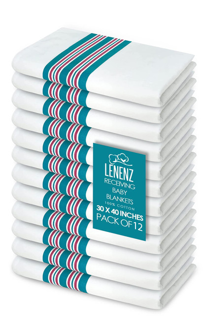 Lenenz Baby Receiving Blankets, 100% Cotton Flannel Receiving Blanket, Perfect for swaddling & Wrapping, Ultra-Soft Hospital Blankets, Size 30 x 40 inch (12)
