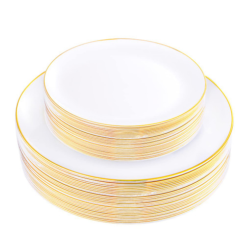 KIRE 60PCS Gold Plastic Plates - Heavy Duty White Disposable Plates with Gold Rim for Party/Wedding - Include 30Pieces 10.25inch Gold Dinner Plates and 30Pcs 7.5inch Gold Plastic Plates