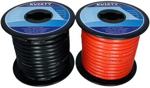 KVIZTY 10 AWG Flexible Silicone Wire 50ft, 10 Gauge Stranded Automotive Wire 1050 Strands 0.08mm Tinned Copper Conductor, Rating 200? 600V - Black 25ft + Red 25ft Spools