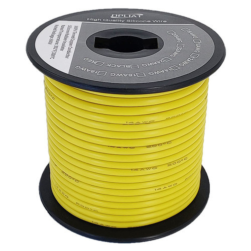 OPLIAT 14 Gauge Extra Flexible Silicone Wire 100FT Yellow, 14 AWG Stranded Tinned Copper Battery Wire Automotive 400 * 0.08mm Rating 200? 600V