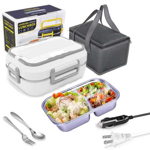 VANEME Electric Lunch Box 60W Food Warmer Heater 12V 24V 110V Faster Heated Lunch Box for Car/Truck/Home Portable Heating Boxes with 1.5L 304 SS Container Fork & Spoon