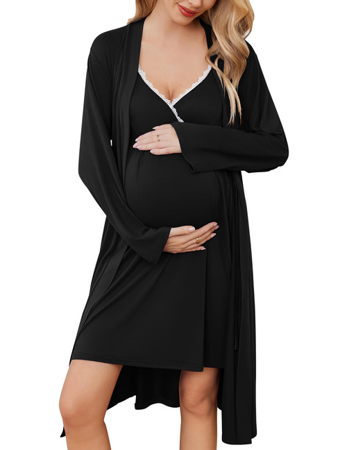 Ekouaer Women's Nursing Gown Maternity Nightgown for Hospital Labor and Delivery Robes Postpartum Pajamas and Robe Set Black XL