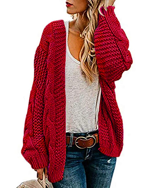 Ferrtye Womens Oversized Chunky Open Front Cardigan Sweaters Cable Knit Long Sleeve Cardigans Outwear Coats Red