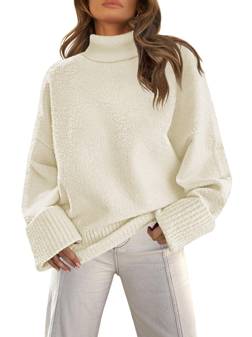 MEROKEETY Women's Turtleneck Fuzzy Knit Pullover Sweaters Long Sleeve Oversized Casual Jumper Tops,Beige,M