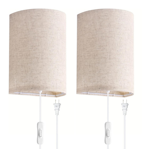 MUEOF Wall Sconce Plug in Set of Two,Bedside Wall Lamps Set of 2 with Fabric Shade,On/Off Switch,Plug in Wall Sconce Light for Living Room Bedroom Reading Lamp.