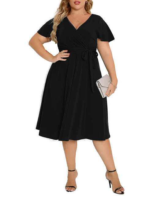 Agmibrelr Women's Plus Size Flutter Sleeve Dress Deep V Neck A-Line Swing Plus Size Midi Dresses Black 2XL Agmibrelr Women's Plus Size Flutter Sleeve Dress Deep V Neck A-Line Swing Plus Size Midi Dresses Black 2XL