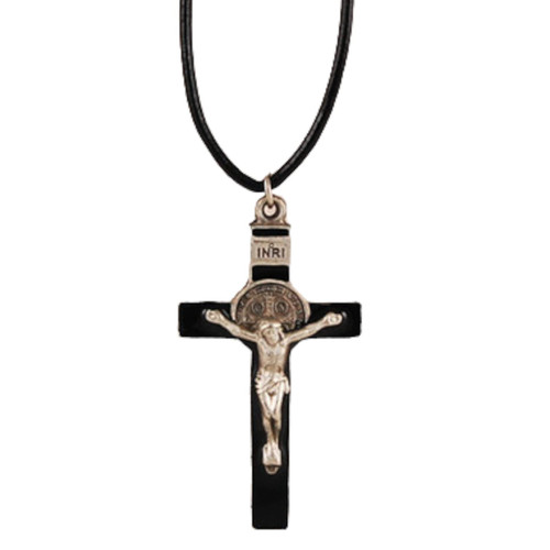 Tiley & Bells WITH ST BENEDICT CRUCIFIX BLACK ENAMEL INCLUDES 24" BLACK LEATHER CORD/CARDED DIMENSION: 1 3/4", PEWTER ST BENEDICT CORD/CAR