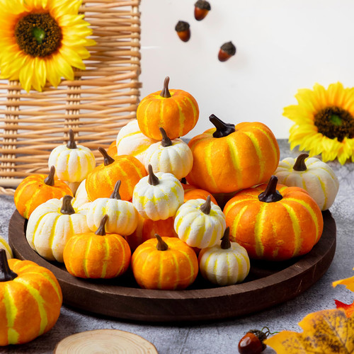 Thyle 72 Pcs Mini Pumpkins Fall Decoration Artificial Small Fake Harvest Pumpkins Orange White Foam Pumpkins for Autumn Thanksgiving Home Party Table Centerpiece Decor