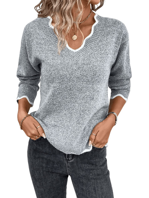 SweatyRocks Women's Long Sleeve V Neck Ribbed Knit Top Scallop Trim Drop Shoulder Pullover Sweater Light Grey M
