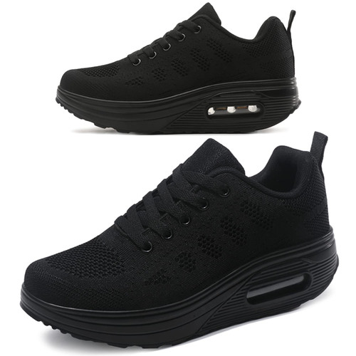 RUIDENG Platform Sneakers for Women Air Cushion | Walking Shoes Airy | Air Cushion Thick Rocker Bottom All Black Size 7