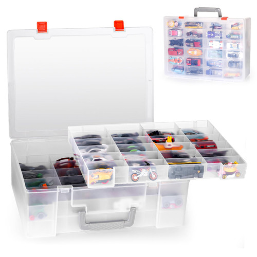 RHCOM Toy Organizer.72 Compartments.Toy Storage Box Compatible With Hot wheels Cars, Matchbox Cars,Mini Toys and Small Dolls.Toy Storage Display Case With 3 Layers of Removable Trays (Transparent)