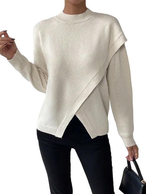Milumia Women's Wrap Long Sleeve Pullover Sweater Mock Neck Drop Shoulder Knit Tops Beige Small