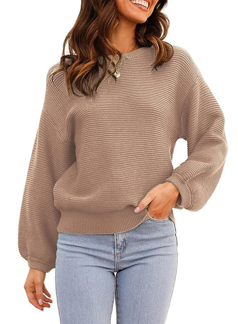 ARTFREE Womens Ribbed Knit Crewneck Sweater Lantern Sleeve Casual Loose Stretchy Solid Fall Winter Sweaters Pullover Tops Camel L