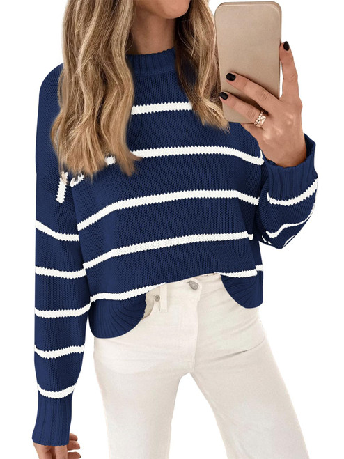 LILLUSORY Womens Striped Sweater 2023 Fall Pullover Knit Crewneck Long Sleeve Winter Cable Knitted Sweaters Navy Blue