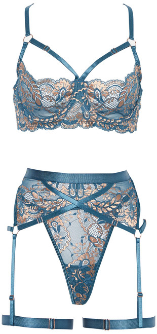 Coquette Womens Teal & Rose Gold Bra Lingerie Set, Blue, Small US