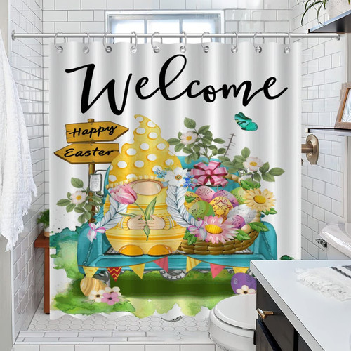 COVOME Spring Easter Welcome Bathroom Shower Curtain Bunny Rabbit Carrots Car Truck Shower Curtains Home Bathroom Decorations Polyester Water Repellent Shower Curtain Set with Hooks with Holes 72x84