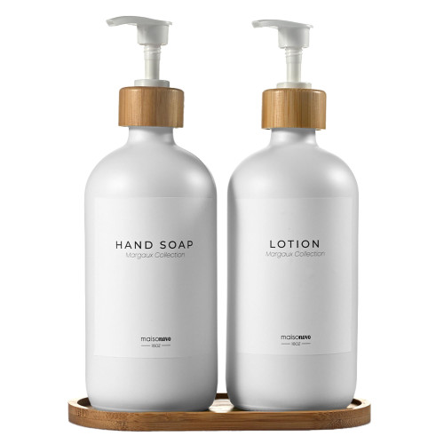 MaisoNovo White Glass Soap Dispenser with Pump and Bamboo Tray - Kitchen Soap Dispenser Set - Hand Soap Dispenser for Bathroom, Dish and Hand Soap Dispenser Set, Soap and Lotion Dispenser Set of 2