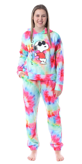 INTIMO Peanuts Snoopy Joe Cool Tie Dye Womens' Pajama Loungewear Hooded Jogger Set Multicolored