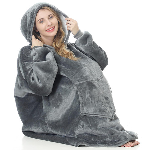 C hello cloud Oversized Hoodie Blanket, Wearable Blanket sweatshirt, Ultra Soft Sherpa Fleece Comfy Snuggle Hoodie, Gaint Fluffy Jumper Reversible, One Size Fits All Women Adults Men (Grey)