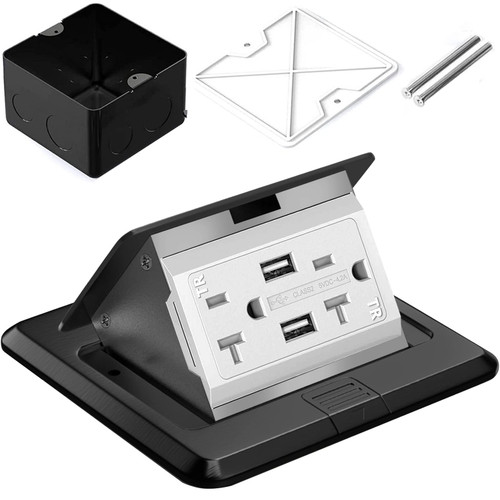 Simmpatuu Pop Up Floor Box, Waterproof Floor Outlet Cover Plate Kit 20A USB Chargers Tamper-Resistant Receptacle Hidden Electrical Outlet for Kitchen Countertop, Black