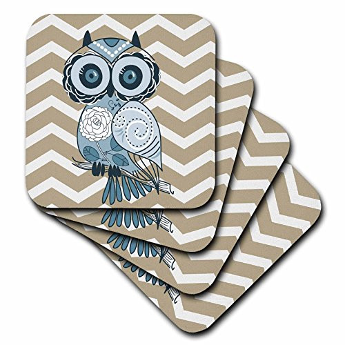 3dRose LLC cst_162265_3 Ceramic Tile Coasters, "Blue Owl with Beige and White Chevron", Set of 4
