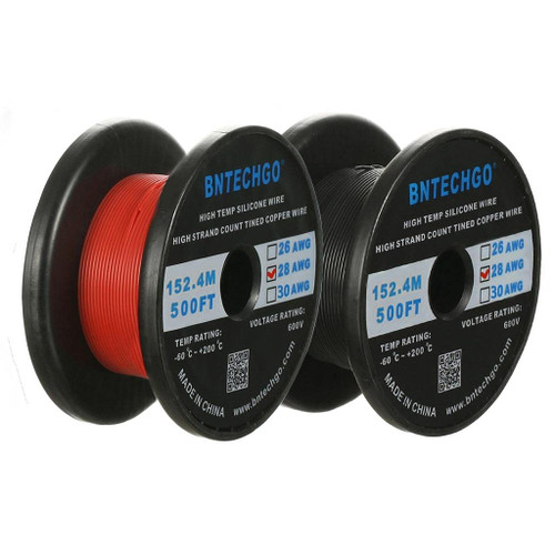 BNTECHGO 28 Gauge Silicone Wire Spool Red and Black Each 500ft Flexible 28 AWG Stranded Tinned Copper Wire