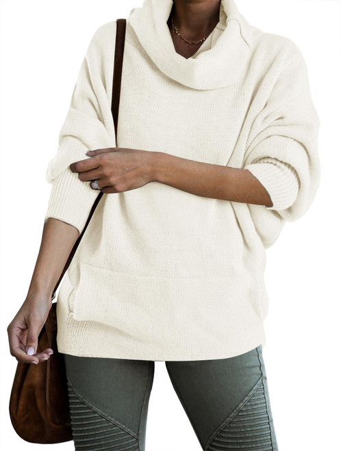 Womens Long Sleeve Pullover Sweater Cowl Neck Oversized Lantern Sleeve Turtleneck Cable Knit Sweater Tops