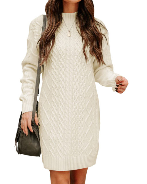 FSHAOES Womens Turtleneck Cable Knit Sweater Dress Fall Winter Long Sleeve Bodycon Mini Dresses Solid Long Pullover Jumper Beige