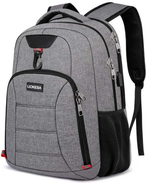 Liokesa Large School Backpack for Teen Boys, Travel Laptop Backpack for Men with USB Charging Port, 17.3 Inch Water Resistant Students Bookbags, College Work Business Back Pack, Grey