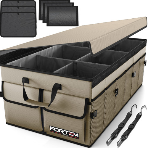 FORTEM Car Trunk Organizer, Car Storage Organizer, Collapsible Multi Compartment Car Organizer, SUV Trunk Organizer, Non Slip Bottom, Adjustable Securing Straps, Foldable Cover (Tan, X-Large)