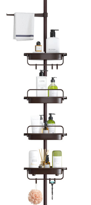 ALLZONE Shower Caddy Corner Organizer for Bathroom,Bathtub Shampoo Storage Holder Rack with Rustproof Stainless Tension Pole,4-Tier Adjustable Shelves,Stand on Floor,56-114 Inches Height,Brown