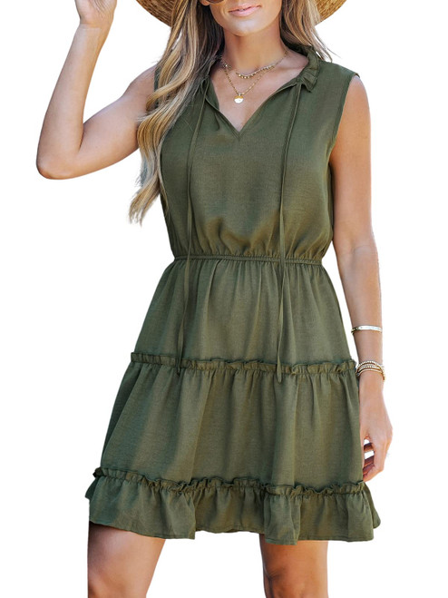 CUPSHE Women's Mini Dress Tiered Ruffled Tie Neck Mini Dress Summer Dress Sleeveless A Line Dress Sage Green