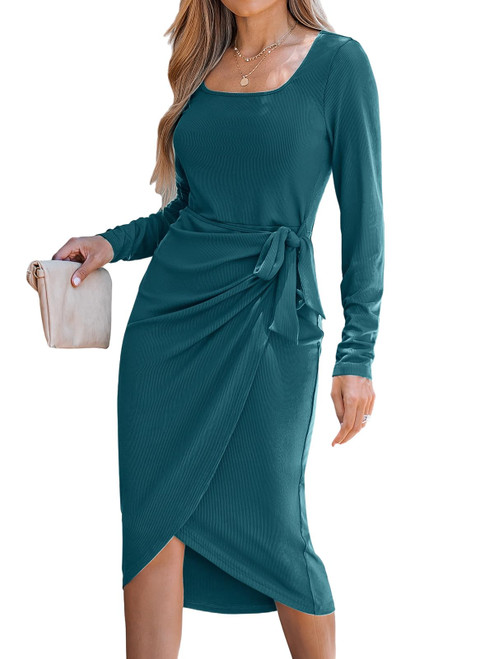 CUPSHE Women's Square Neck Belted Teal Knotted Warp Long Sleeve Midi Dress Casual Bodycon Knit Long Dress