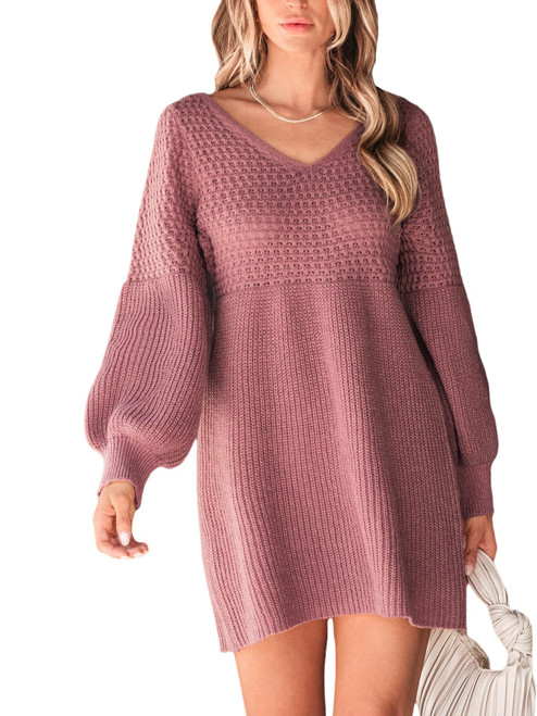 CUPSHE Women's Sweater Dress V Neck Crochet Gigot Long Sleeve Dusty Rose Casual Knit Ribbed Trim Pullover Dresses