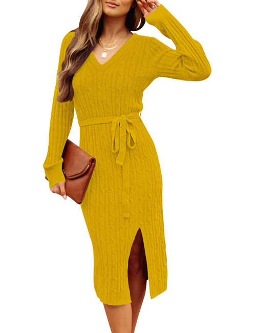 MEROKEETY Women's V Neck Cable Sweater Dress Long Sleeve Bodycon Slit Knit Pullover Midi Dresses with Belt Yellow,M