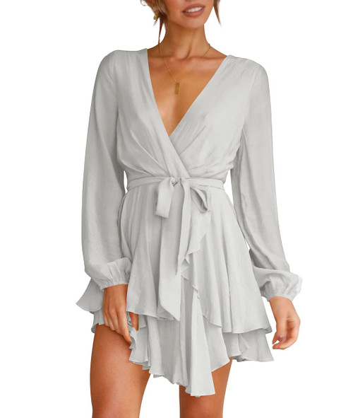 Womens Cocktail Dresses Deep V-Neck Long Sleeve Tie Waist Mini Skater Dress Gray L