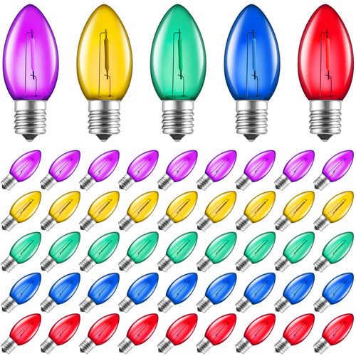 Brightown 50 Pack C9 LED Christmas Light Bulbs, Colored Plastic C9 Shatterproof LED Bulbs Replacement for Christmas String Lights, E17 Intermediate Base, Commercial Dimmable Holiday Bulbs, Multicolor