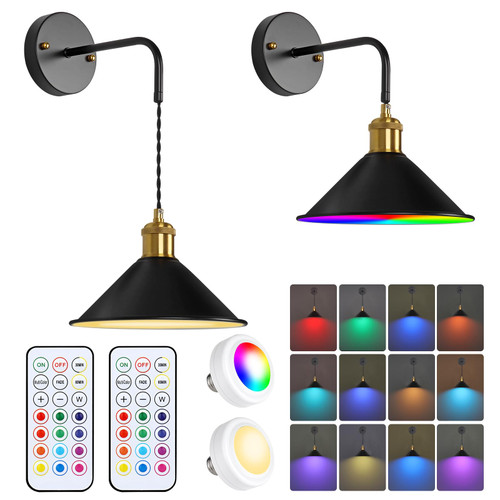 MILDWARM Battery Operated Wall Sconce, Wireless 13 RGB Color Dimmable LED Wall Lights Set of 2 with Remote Control for Bedroom Living Room Hallway