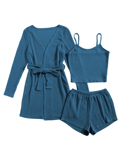 SOLY HUX Womens Pajama Sets 3 Piece Lounge Set Ribbed Knit Cami Top and Shorts Soft Sleepwear with Robe Cardigan Solid Blue L