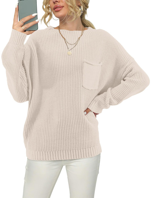 Beluring Fall Sweater for Women Crew Neck Long Sleeve Cute Ribbed Knit Pullover Top (Apricot, M)