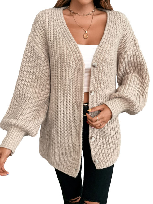 Cozyease Women's Rib-Knit Button Front Drop Shoulder Cardigan V Neck Long Sleeve Casual Plain Sweater Coat Khaki L