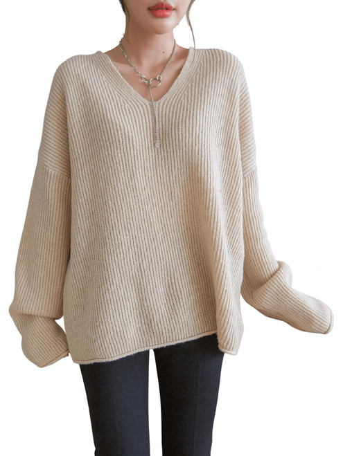 MakeMeChic Women's Drop Shoulder Ribbed Knit Sweater Long Sleeve V Neck Solid Loose Tops Apricot M